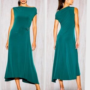 NWTS💓OCCASION LG💓LUSTROUS DEEP GREEN OFF SHOULDER TWIST FRONT ASYMMETRICAL DRESS